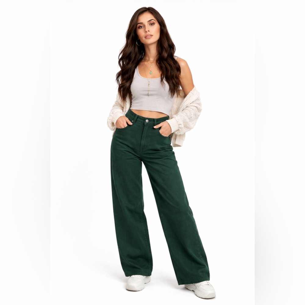 Madewell Super Wide Leg Jeans Green High Rise Denim Jeans Size 24